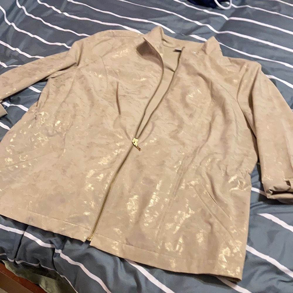 Chico’s shiny tan jacket. Size 2